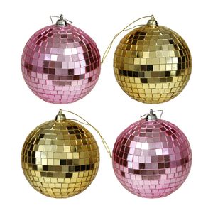 Kerstballen disco - 4x st - goud en roze - 10 cm - kunststof - spiegel kerstballen