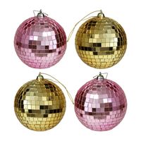 Kerstballen disco - 4x st - goud en roze - 10 cm - kunststof - spiegel kerstballen