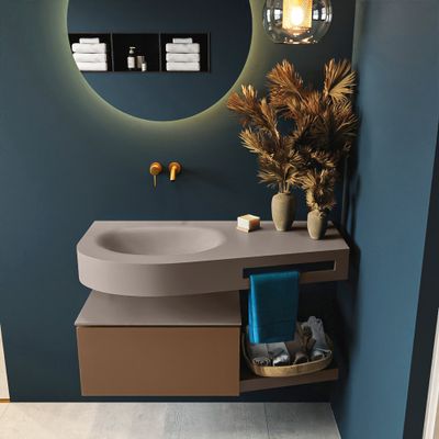 MONDIAZ RIVA 100cm badmeubel onderkast / planchet kleur Rust met 1 lade. Wastafel DULCET links 0 kraangaten kleur Smoke. MONDIAZ RIVA 100cm badmeubel onderkast / planchet kleur Rust met 1 lade. Wastafel DULCET links 0 kraangaten kleur Smoke.