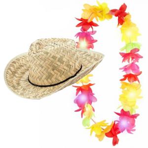 Carnaval verkleed set - Tropische Hawaii party - strohoed - met LED gekleurde bloemenslinger