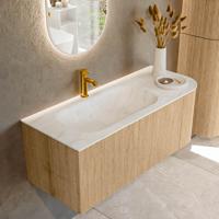 Mondiaz KURVE-DLUX 115 cm Onderkast Greeploos 1 Lade Met Deuren Oak, Wastafel Solid Surface Links Opalo 1 Kraangat Zonder Spiegel (KRVBGS115R1L1D1KL-Oak/Opa)