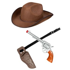 Verkleed set cowboyhoed Rodeo bruin - met holster en pistool - voor volwassenen