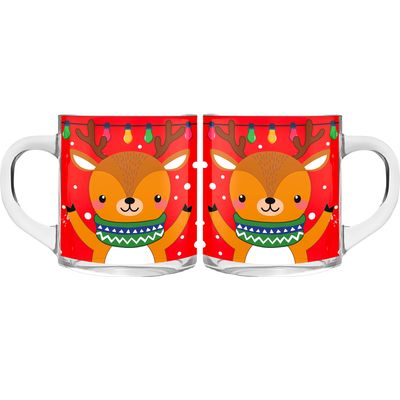 Kerst mokken/bekers - 2 stuks - glas - 300 ml - rendier - 11 cm