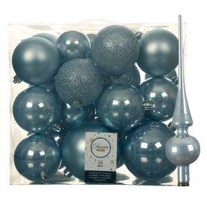 Set van 26x stuks kunststof kerstballen incl. glazen piek glans lichtblauw - Kerstbal