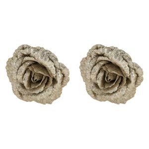 2x stuks decoratie bloemen roos champagne glitter op clip 18 cm