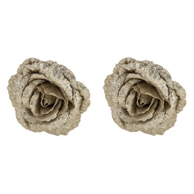 2x stuks decoratie bloemen roos champagne glitter op clip 18 cm