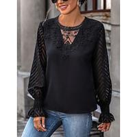 Dames Blouse Effen Kleur Kant Dagelijks Stijlvol Casual Bisschop Lange mouw Strakke ronde hals Zwart Lente Herfst Lightinthebox - thumbnail