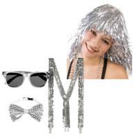 Disco/thema verkleed set - verkleed pruik/bretels/party bril/vlinderstrik - zilver - volwassenen