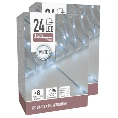 Draadverlichting lichtsnoer - 2x - 24 lampjes - helder wit - op batterij - 180 cm