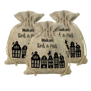 Pakket van 12x stuks mini Sinterklaas jute cadeau zakken Welkom Sint en Piet print met koord 18 x 25