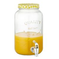 Glazen drankdispenser/limonadetap met geel/wit geblokte dop 3,5 liter - Drankdispensers - thumbnail