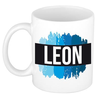 Leon naam cadeau koffie mok - beker - met blauw verfstrepen - Cadeau collega - vaderdag