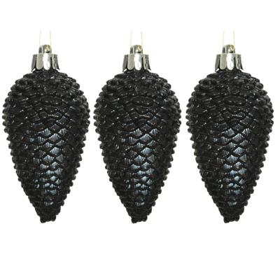 Kersthangers dennenappels - 6x st - zwart - glitter - 8 cm - kunststof - kerstversiering Kersthangers dennenappels - 6x st - zwart - glitter - 8 cm - kunststof - kerstversiering