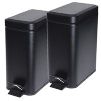 Pedaalemmer - 2x stuks - zwart - 5 liter - metaal - 25 x 14 x 29 cm - vuilnisbak - voor badkamer en