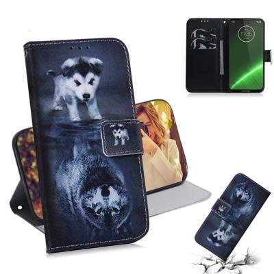 Wolf en hond patroon gekleurde tekening horizontale Flip lederen case voor Motorola Moto G7/Moto G7 Plus met houder & kaartsleuven & portemonnee