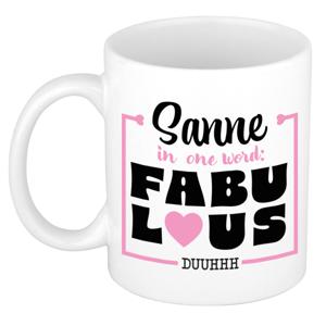 Naam mok Sanne - wit - Fabulous - keramiek - 300 ml - cadeau collega beker