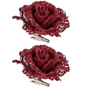 4x stuks decoratie bloemen roos rood glitter op clip 10 cm