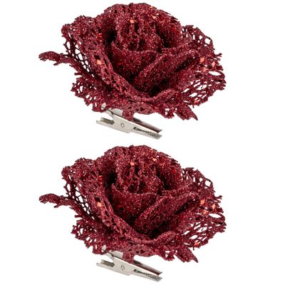 4x stuks decoratie bloemen roos rood glitter op clip 10 cm