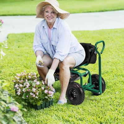 Mobiele Zitplaats Voor Tuinwerk Tuinwagen met Stuurbare Gereedschapswagen en Dienblad Opbergmand Groen