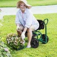 Mobiele Zitplaats Voor Tuinwerk Tuinwagen met Stuurbare Gereedschapswagen en Dienblad Opbergmand Groen