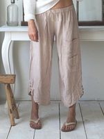 Summer Pockets Buttoned Elastic Waist Stylish Casual Capri Pants - thumbnail