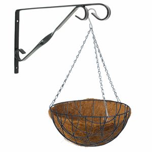 Hanging basket 30 cm met klassieke muurhaak zwart en kokos inlegvel - metaal - complete hangmand set