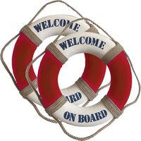 Reddingsboei - 2x - Welcome on board - 25 cm - rood/wit - kunststof - maritiem thema decoratie