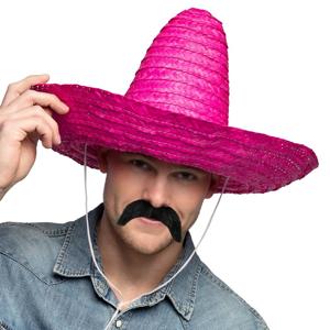 Mexicaan Carnaval verkleed set - Grote sombrero hoed - Dia 49 cm - roze - met plaksnor - heren