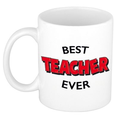 Best teacher ever cadeau mok / beker wit met rode cartoon letters voor meester / juf 300 ml Best teacher ever cadeau mok / beker wit met rode cartoon letters voor meester / juf 300 ml