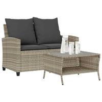 Tuinbank 2-zits met kussens & tafel poly rattan lichtgrijs