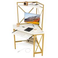 Bureau met Laadstation Hoekcomputertafel met Toetsenbordplank en 2 Planken Metalen Frame Werktafel voor Thuiskantoor Goud + Wit