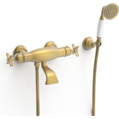 Badkraan Tres Clasic | Opbouw | Thermostaatkraan | Incl.Handdoucheset | 2-weg | hoh 15 cm | 2-knops | Vintage | Messing mat