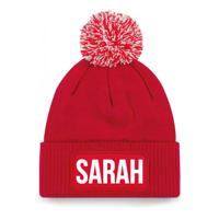 Bellatio Decorations Sarah tekst wintermuts - met pompon - unisex - one size - Rood - 50 jaar