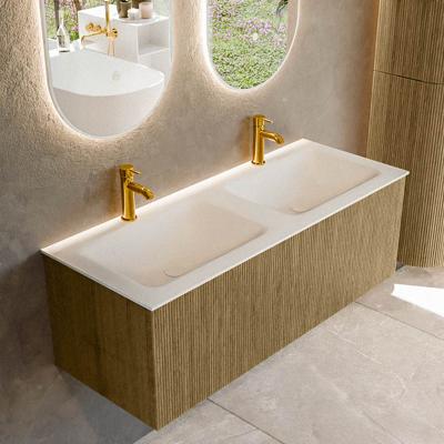 Badmeubel Mondiaz Kurve | 120 cm cm | Meubelkleur Dusk | Wastafelkleur Talc | Solid surface | Wasbak beiden zijden spoelbak | 2 kraangaten