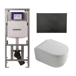 QeramiQ Dely Swirl Toiletset - 36.3x51.7cm - Geberit UP320 Burda inbouwreservoir - 35mm zitting - mat zwarte bedieningsplaat - ronde knoppen - wit mat 0701131/SW706188/SW1000767/SW1026257