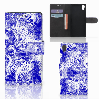 Telefoonhoesje met Naam Sony Xperia XA1 Angel Skull Blauw | Portemonnee hoesje