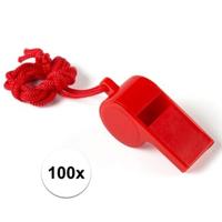 Fluitjes van kunststof - Multipack van 100x stuks - rood - aan koordje - herrie maken - sport
