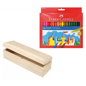 Houten tekenen stiften opbergdoosje 20 x 6 cm met 36x Faber Castel viltstiften