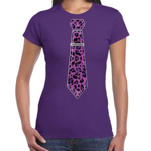 Verkleed T-shirt voor dames - panterprint stropdas - paars - foute party - carnaval/themafeest