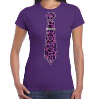 Verkleed T-shirt voor dames - panterprint stropdas - paars - foute party - carnaval/themafeest - thumbnail