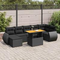 8-delige Loungeset met kussens poly rattan zwart