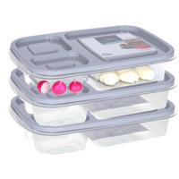 Vershoudbakje/lunchbox - 3x - luchtdicht - 3 vakjes - lichtgrijs - kunststof - broodtrommel -24 x 15