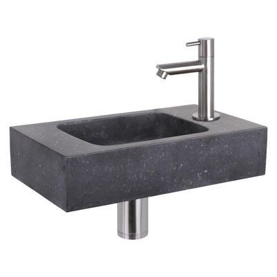 Differnz Force fonteinset - 40x22x9cm - Rechthoek - 1 kraangat - Recht matte chromen kraan - Natuursteen Zwart 38.400.39