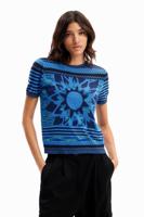 Gebreid T-shirt met bloem - BLUE - M - thumbnail