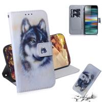 Witte Wolf patroon gekleurde tekening horizontale Flip lederen case voor Sony Xperia 10 met houder & kaartsleuven & portemonnee