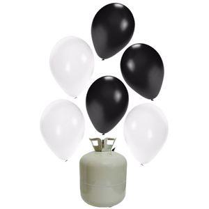 20x Helium ballonnen zwart/wit 27 cm + helium tank/cilinder