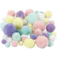 Pompons knutsel set - 62 grams - pastel kleuren - 15-40 mm - hobby/knutsel materialen - thumbnail
