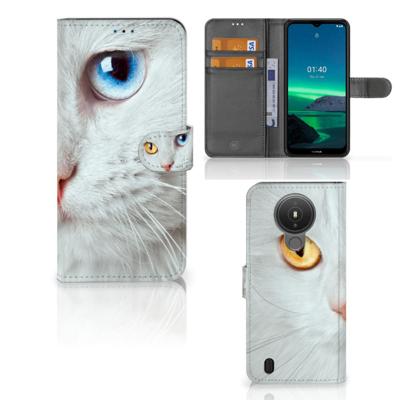Nokia 1.4 | Telefoonhoesje | Met pasjeshouder | Witte Kat