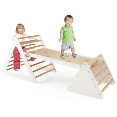 3-In-1 Klimdriehoek Ladder en Glijbaan Klimrek met Dubbelzijdige Helling Klimdriehoek voor Klimmen en Glijden (Wit + Natuur)