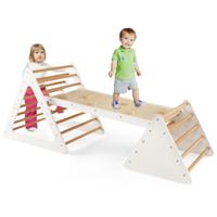 3-In-1 Klimdriehoek Ladder en Glijbaan Klimrek met Dubbelzijdige Helling Klimdriehoek voor Klimmen en Glijden (Wit + Natuur)